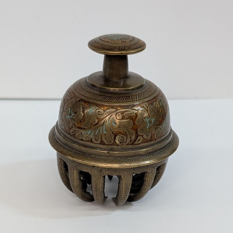 Vintage Indian Elephant Claw Bell Brass Floral Leaf Etching Enamel Details 3.5”
