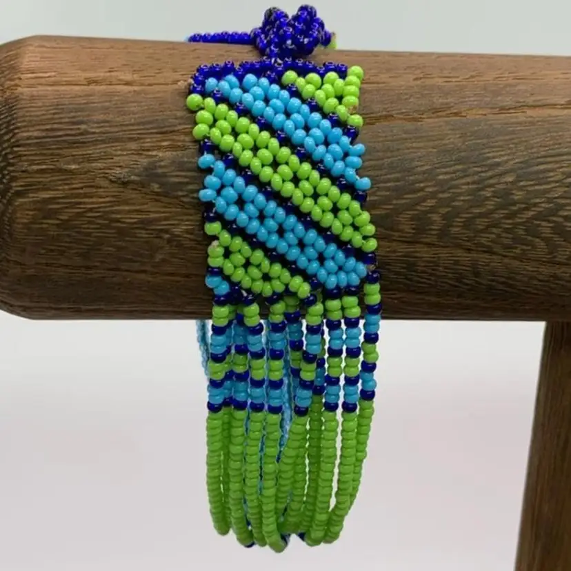 75. Green & Blue Handmade Seed Bead Bracelet