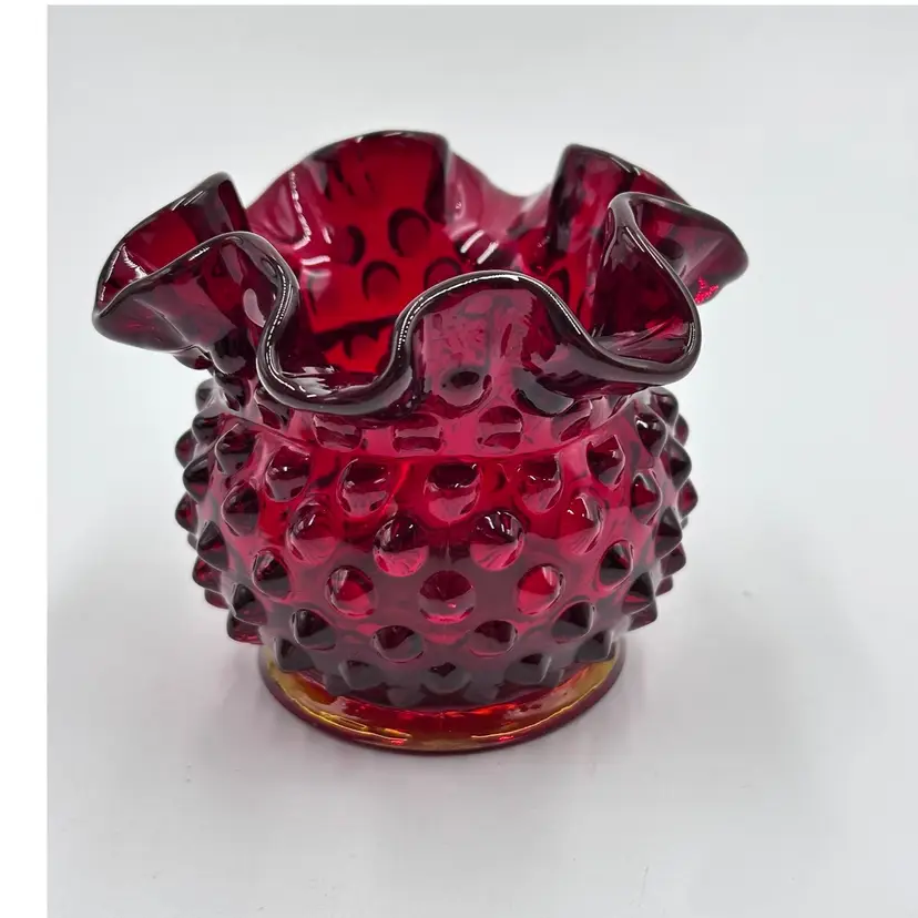 Fenton Round Vase Ruby Red Amberina Glass Hobnail Rose Bowl Ruffled Edge