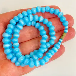 #02 Vintage Light Blue Moonglow Glass Bead Necklace Brass Barrel Clasp 18"