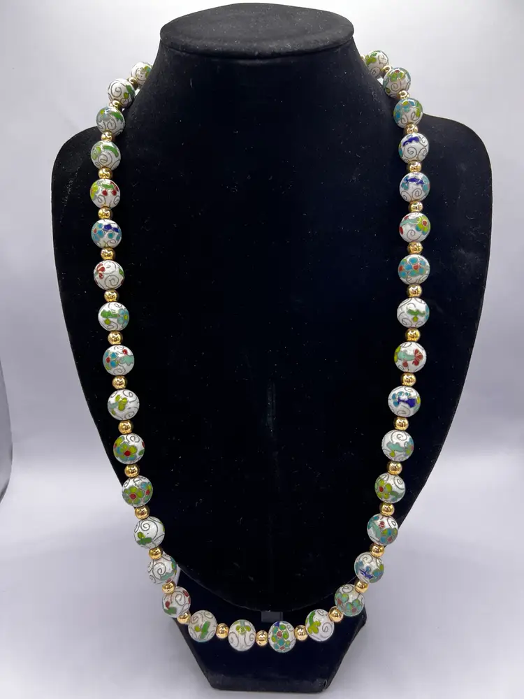 Vintage Cloisonné Floral Beaded Necklace 28 Inch
