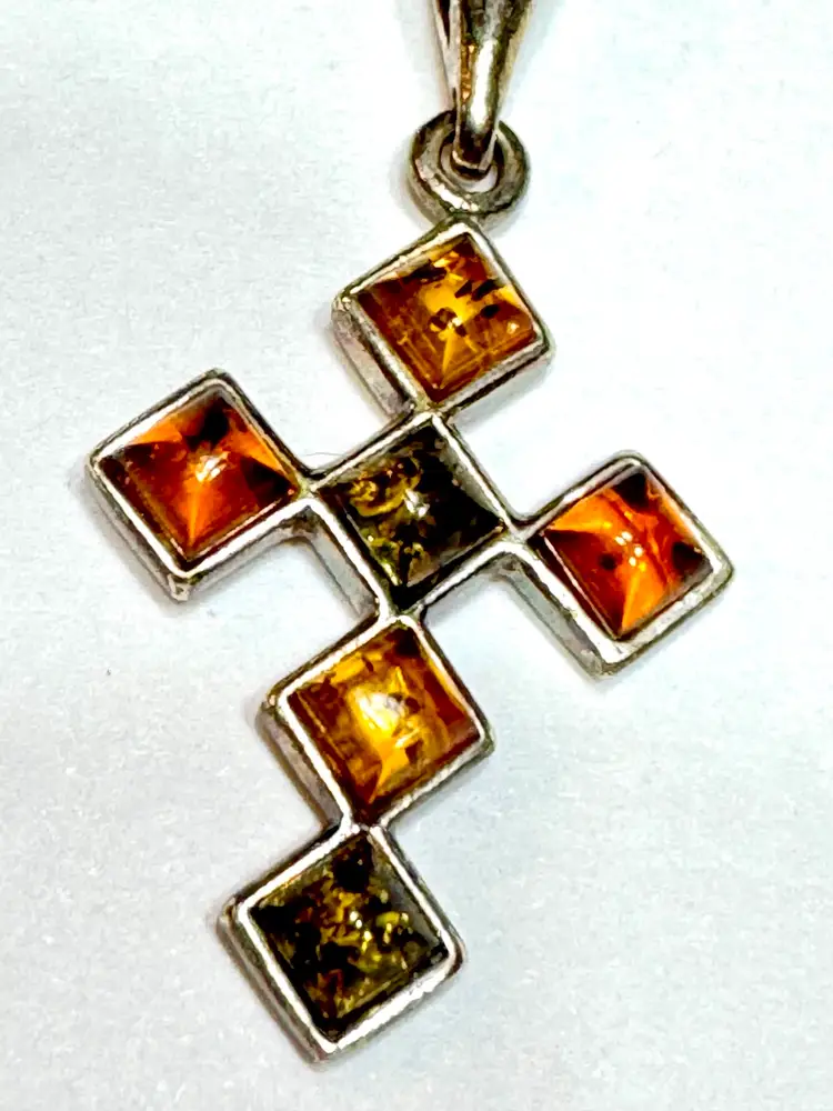 Sterling Silver Crucifix Cross Pendant Necklace Baltic Amber - Tested