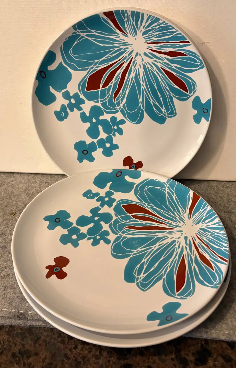 4 Ikea 10.75" Turquoise Flower Dinner plates  # 2815