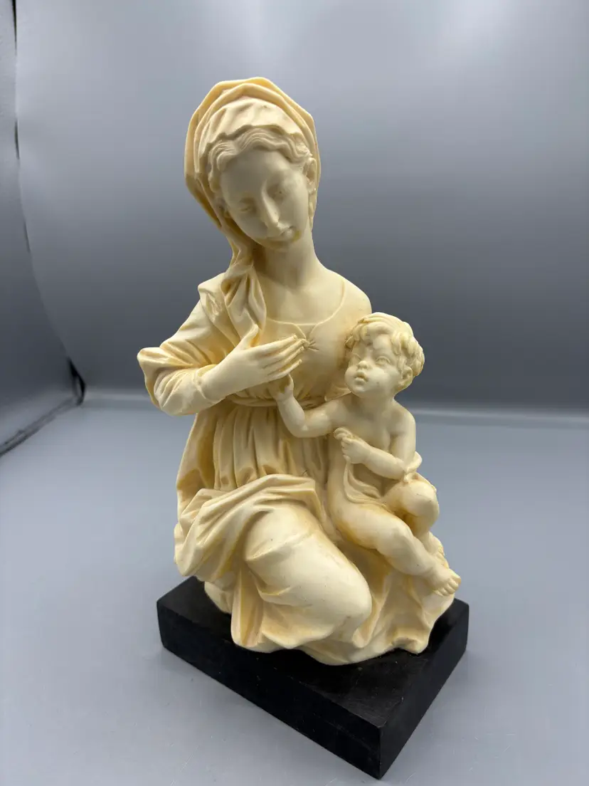 Vintage Santini Virgin Mary & Baby statue on stone base