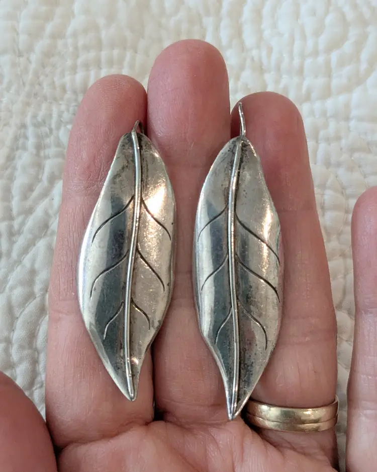 Vintage Sterling Silver Pierced Earrings in Elongated Leaf Design Signed by Artist