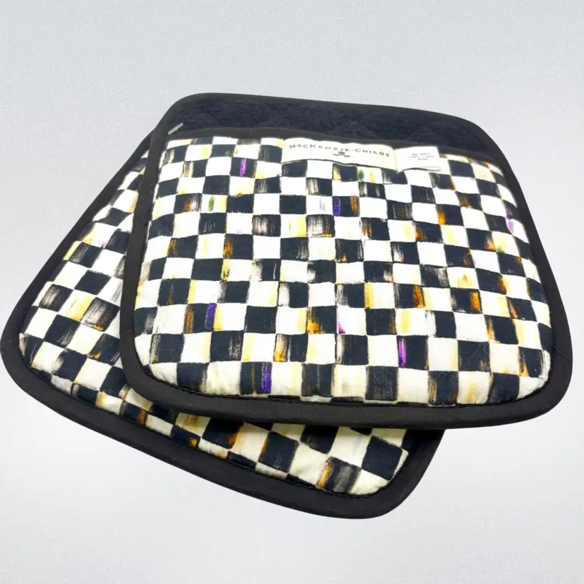 Pair Set Of 2 Mackenzie Childs Black & White Checkerboard Pot Holder NWOT 9”