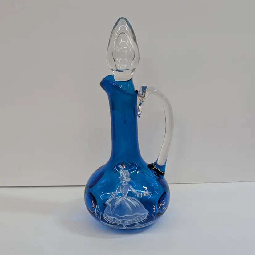 Vintage Mary Gregory Ice-skating Girl Brilliant Blue Glass Decanter with Stopper