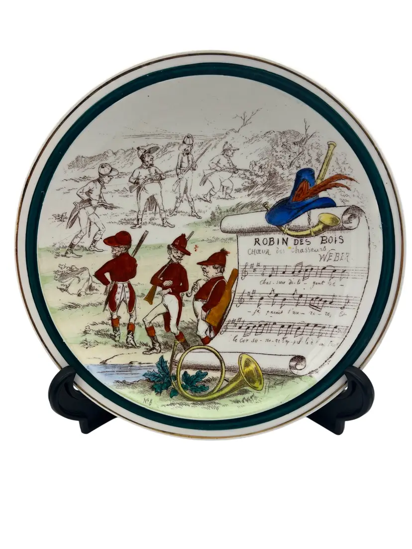 Antique Creil Montereau Sujets Musicaux Plate Robin Des Bois Weber France Terre de Fer 8.5" Transferware c.1900s