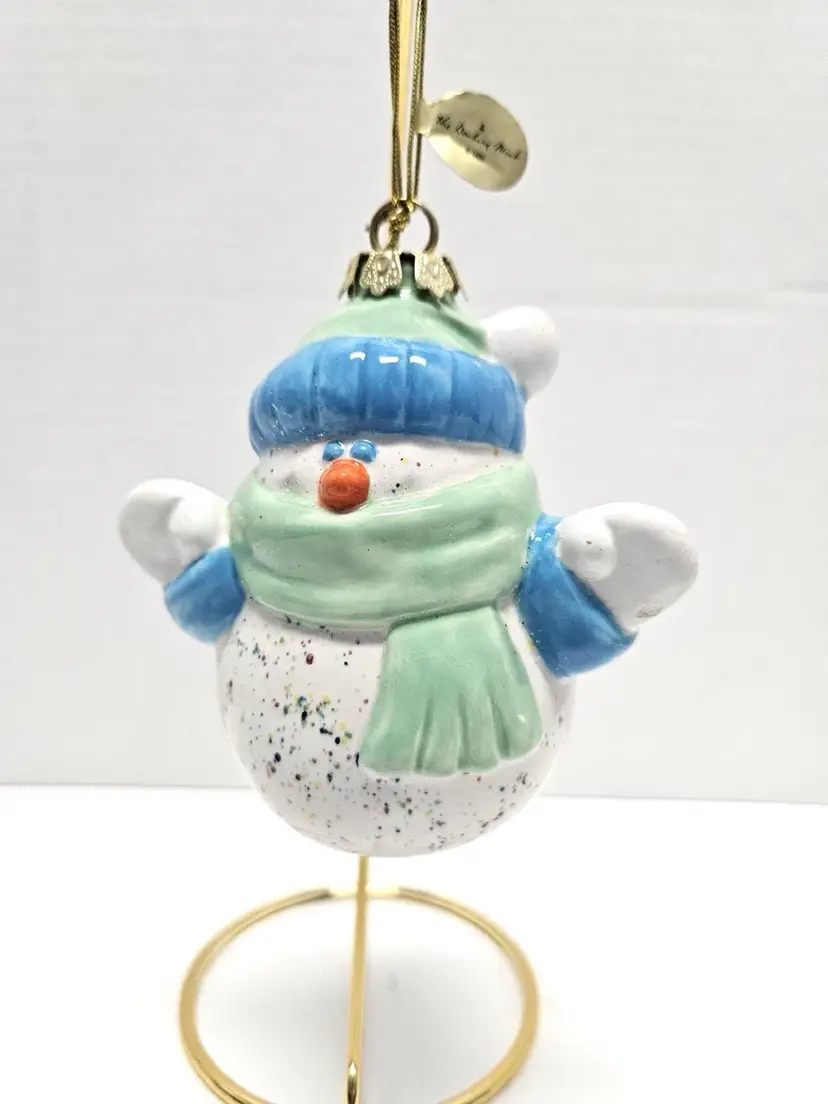 Vintage Czech Snowman Christmas Ornament/Porcelain/Danbury Mint/Hand Painted/Christmas/Blue and Green Hat & Scarf/Speckled/Original Tag/4”