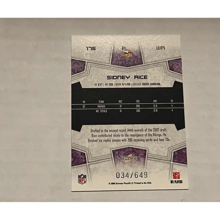 2008 SCORE SIDNEY RICE #175 SCORECARD 34/649 