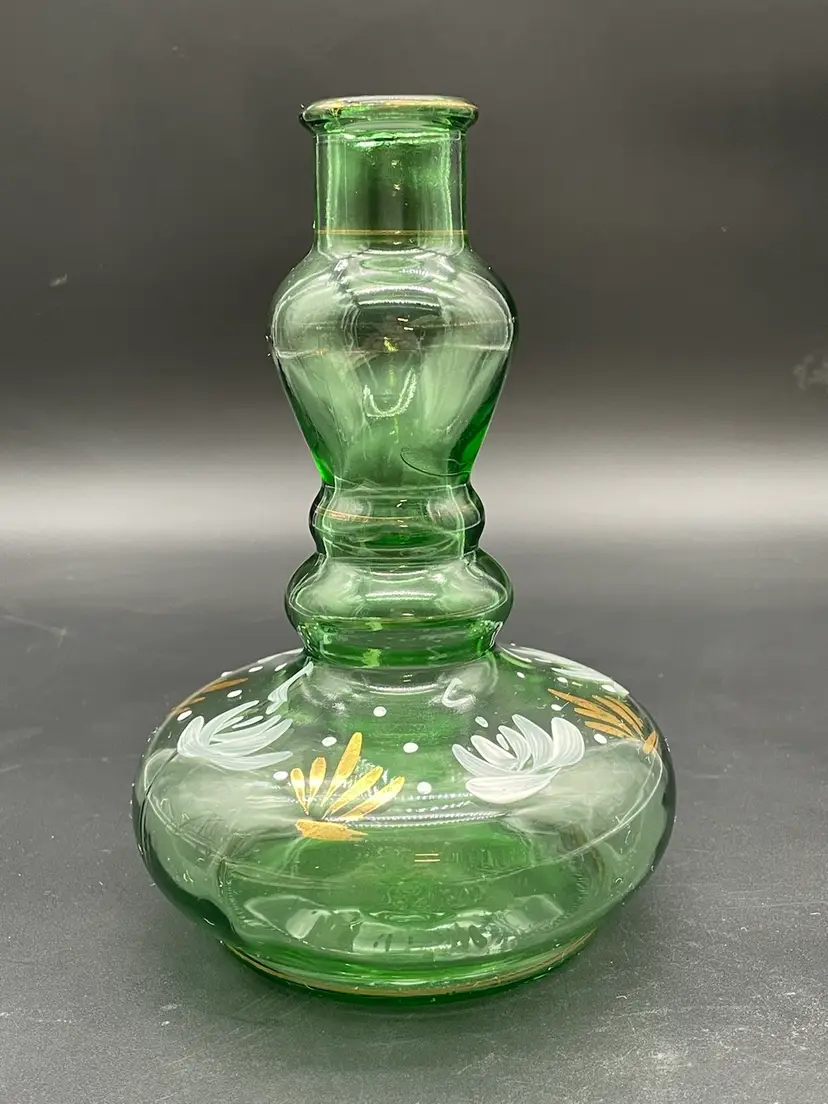 Vintage Italian Brebbia Green Glass Hookah Style Bottle Vase With Hand painted Design
