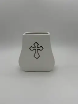 FTD Faithful Blessings Flower Vase White With Silver Cross Medallion Vintage