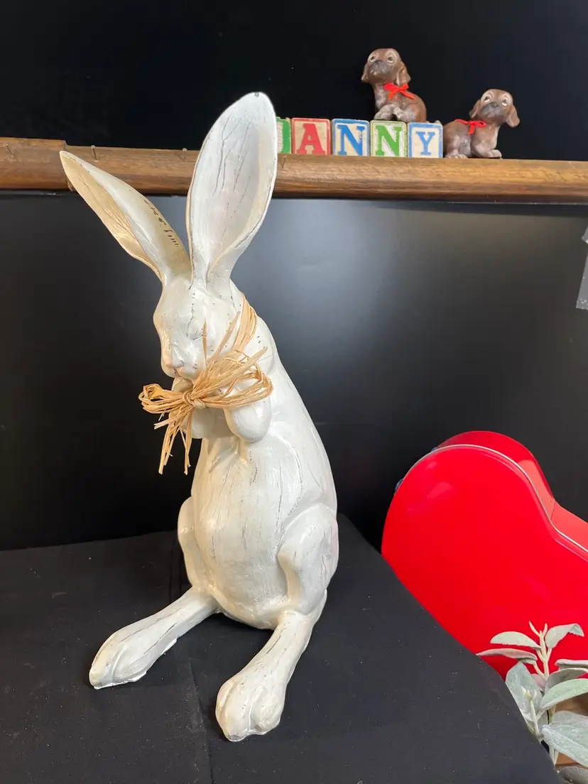 Distressed Painted White Rabbit w/ Raffia Bow-And......Very Long Footies...& Ears!!