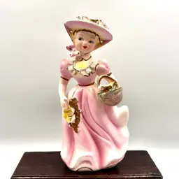 Pretty Pink Girl Figurine with Hat & Flowers 7.5”