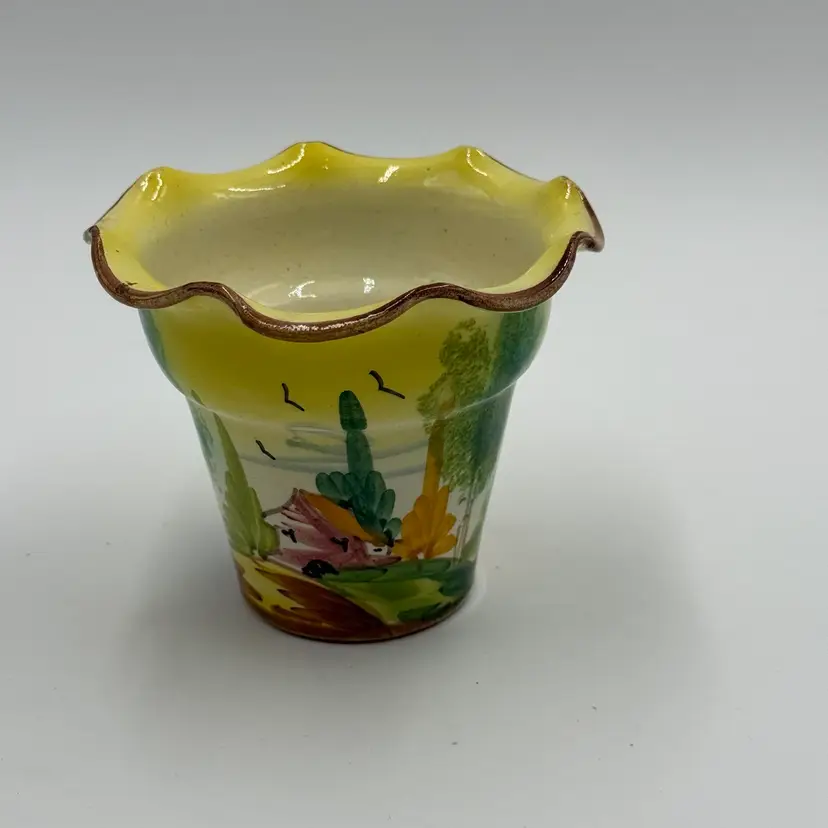 Yellow Italian Art Pottery Ceramic Hand Painted Countryside Vintage Pot Vase