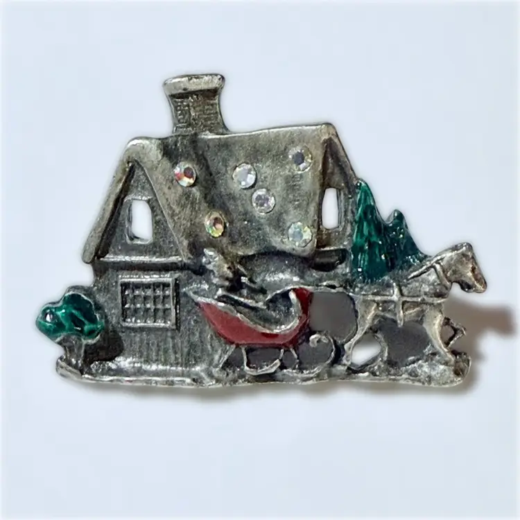 Vintage Christmas Cottage w Horse Dean Carriage Enamel AB Silvertone Brooch