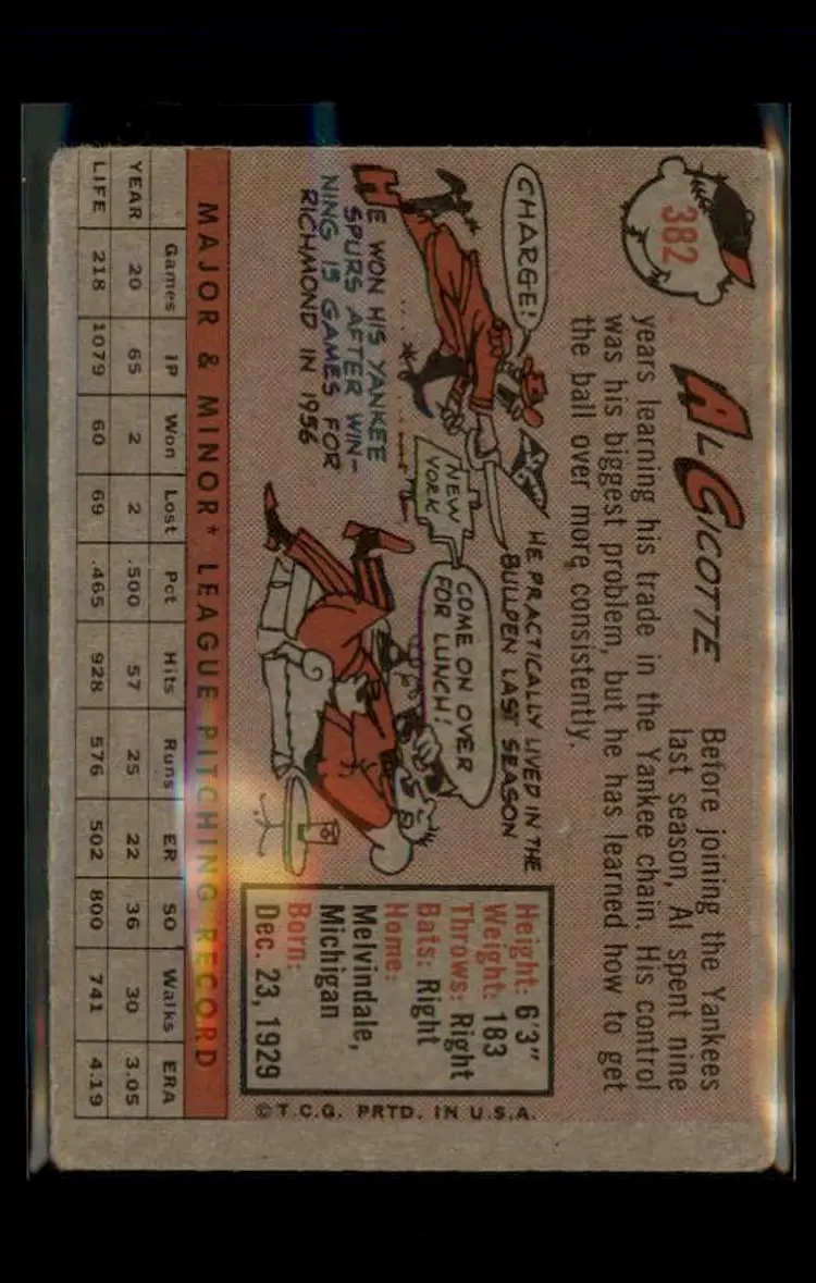 1958 Topps #382 Al Cicotte - (pk4) - New York Yankees