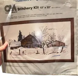 Vtg Hallmark Barn Scene Stitchery Kit 7294 Columbia Minerva Crewel Embroidery stamped 12” x 22” 