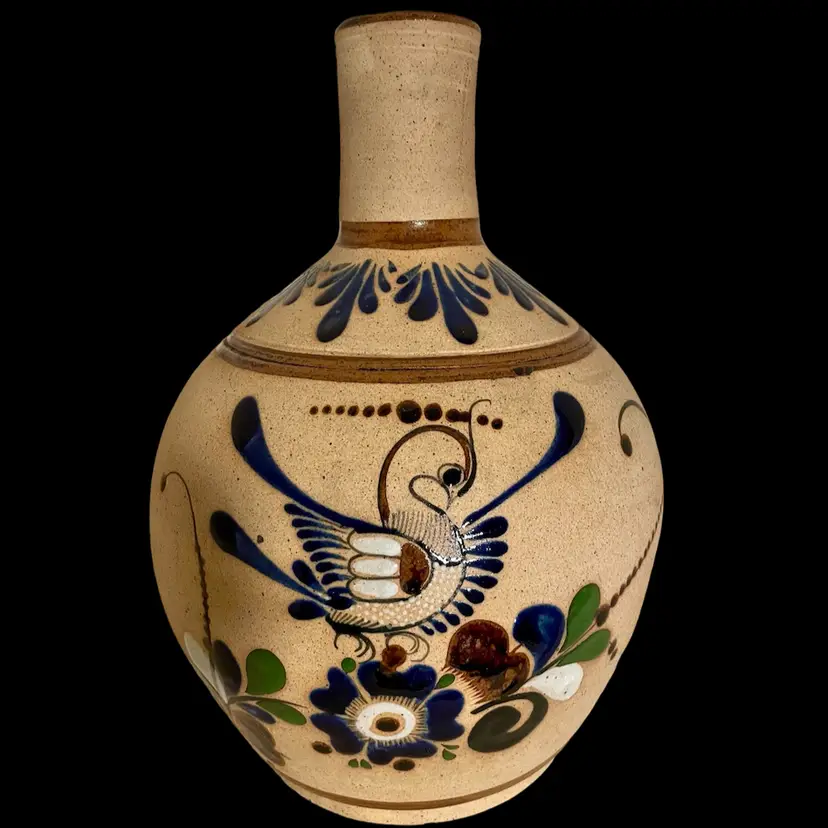 Tonala Sandstone Pottery Vase Birds Signed J.C.