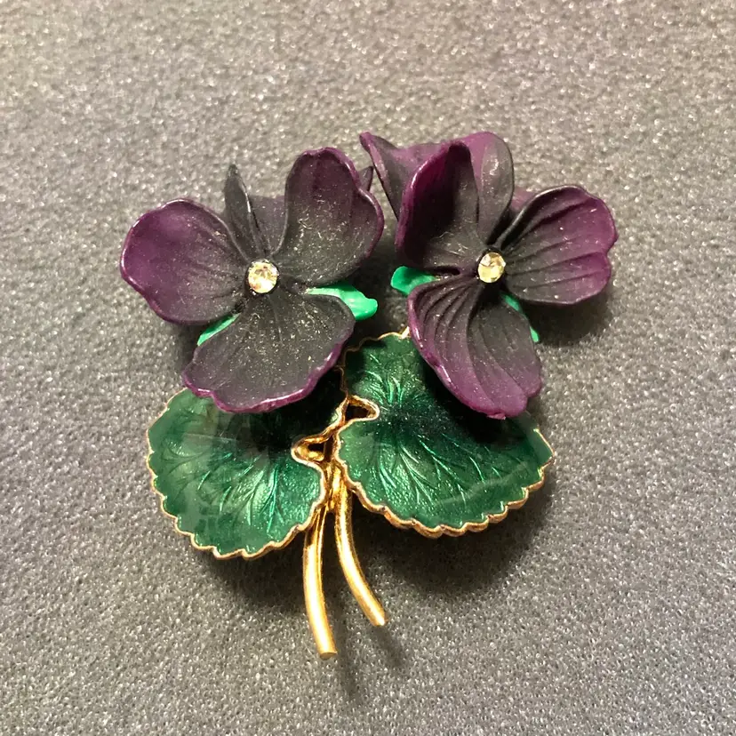 Vintage Purple Violets Pansy Flowers Gold-Tone Brooch