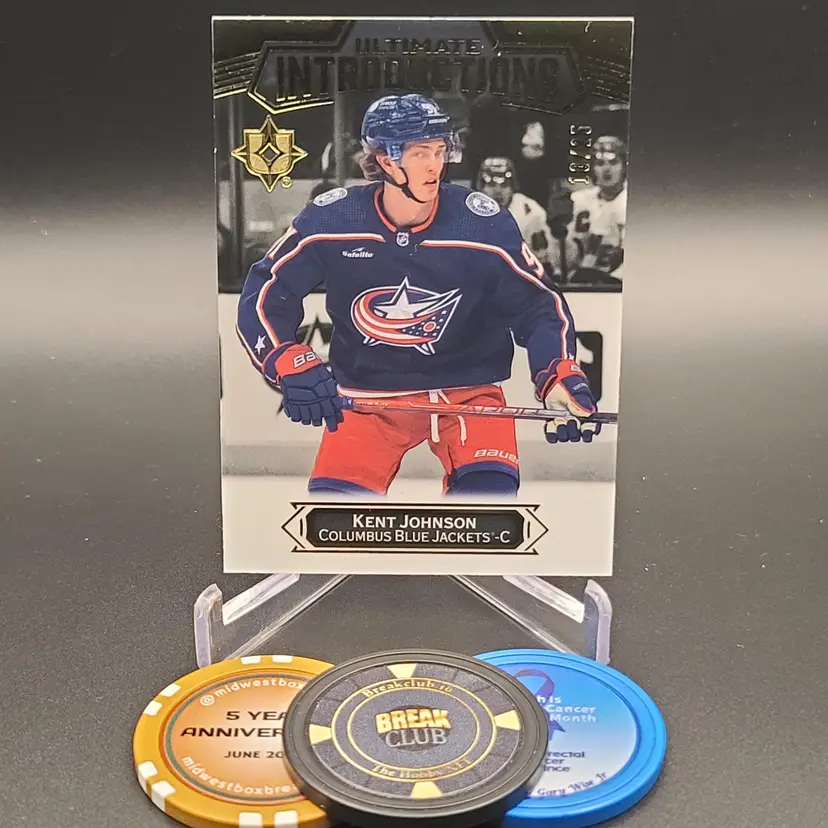Kent Johnson Rookie 2022-23 Upper Deck Ultimate Collection Hockey Ultimate Introductions Insert Black Parallel Numbered 10/25 Card #UI-27 - Columbus Blue Jackets