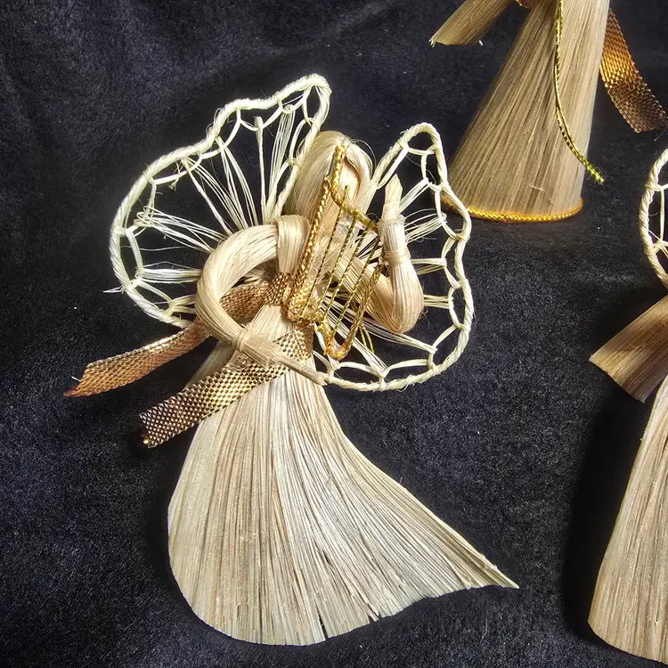 Vintage Corn Husk Angel Ornaments – Set of 3 Handmade Straw Angels w/ Gold Accents (4–5")