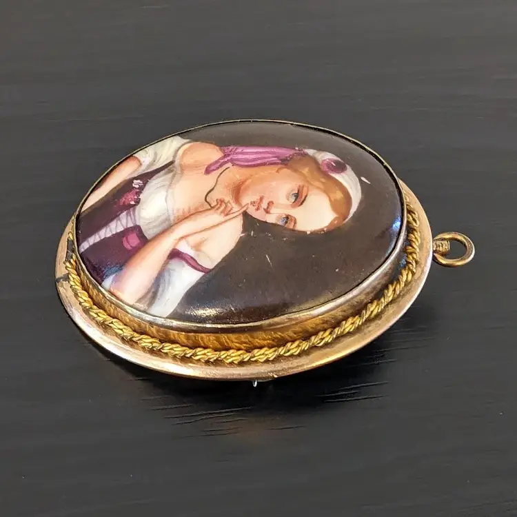 Antique Young Girl Cameo Portrait Brooch or Pendant Hand Painted Porcelain