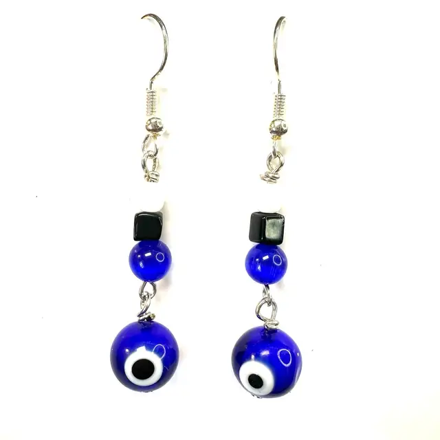 Evil Eye Blue Black White Beaded Handmade Dangle Earrings Silver Tone 2”L Made By Me