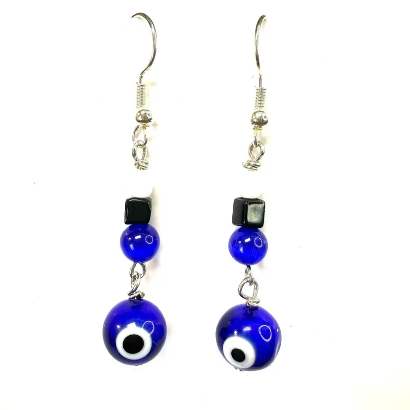 Evil Eye Blue Black White Beaded Handmade Dangle Earrings Silver Tone 2”L Made By Me