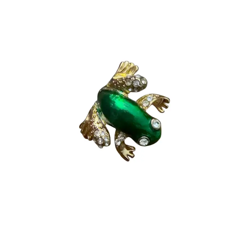 Frog Small Gold Tone Enamel Crystal Brooch marked Lia
