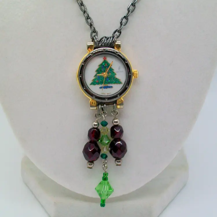 Repurposed Green Sparkle Christmas Tree Analog Wristwatch Pendant Necklace 26"