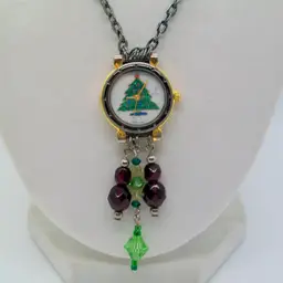 Repurposed Green Sparkle Christmas Tree Analog Wristwatch Pendant Necklace 26"