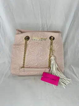 Betsey Johnson Quilted Pink Shoulder Bag with Tassel Chain Shopper Tote