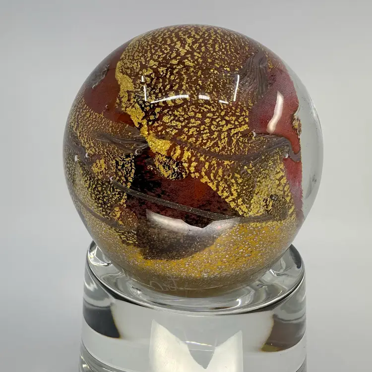 Verrerie d' Art Eze Village Art Glass Burgandy/Gold Paperweight 3”