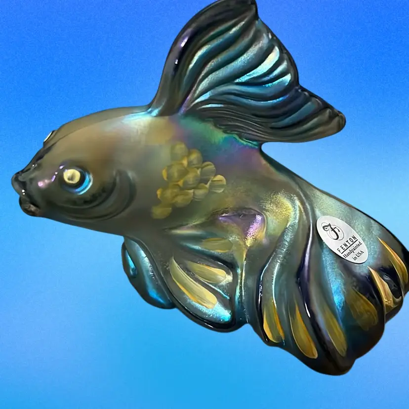 2005 Fenton Favrene iridescent glass koi fish figurine with yellow scale accents. Signed Sticker And Stamp