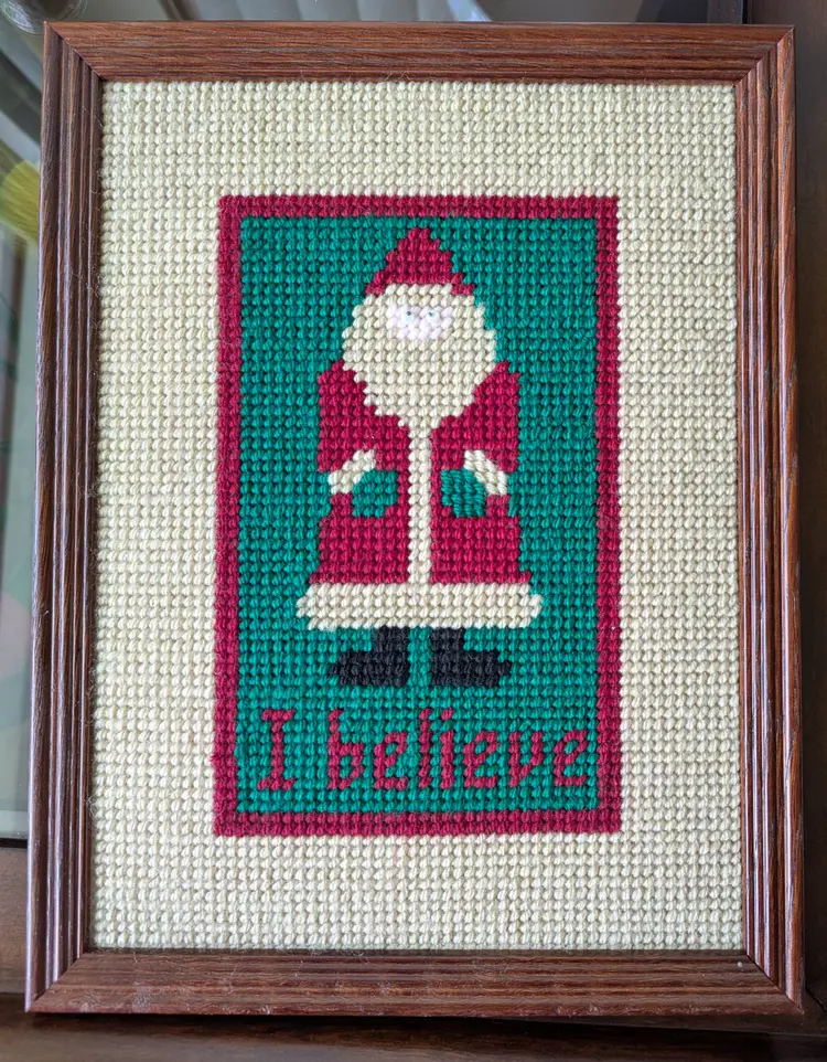 Primitive Santa needlepoint vintage artwork framed "I believe" 10" x 13"