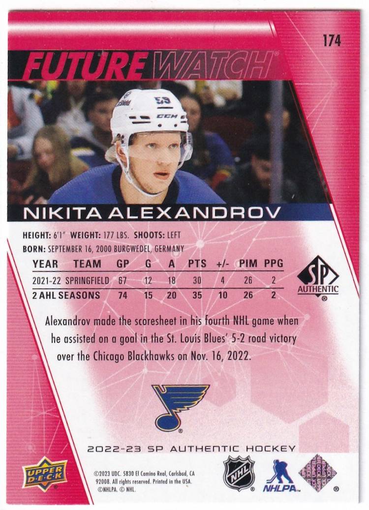 2022-23 SP Authentic Limited Red #174 Nikita Alexandrov FW St Louis Blues Hockey Card