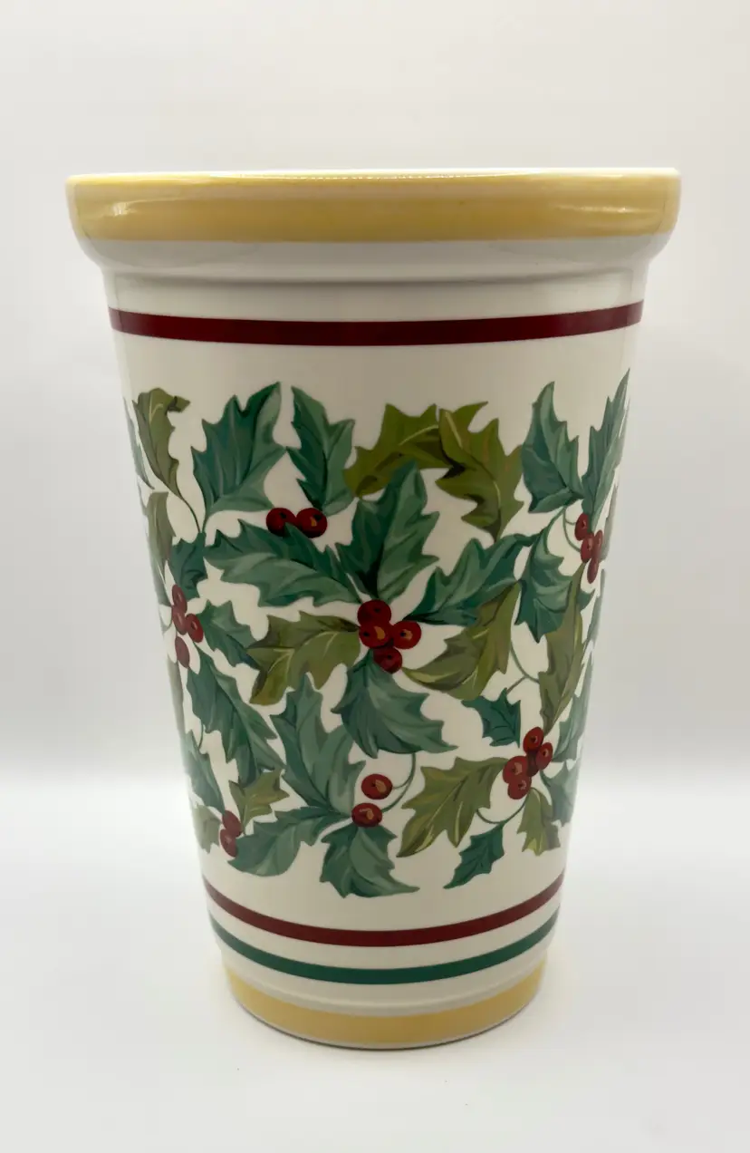 Vintage 2001 “American Holly” Crock Vase, Holiday Christmas Pottery, Festive Holiday Decor, By Longaberger, Made In Ohio, Discontinued Piece