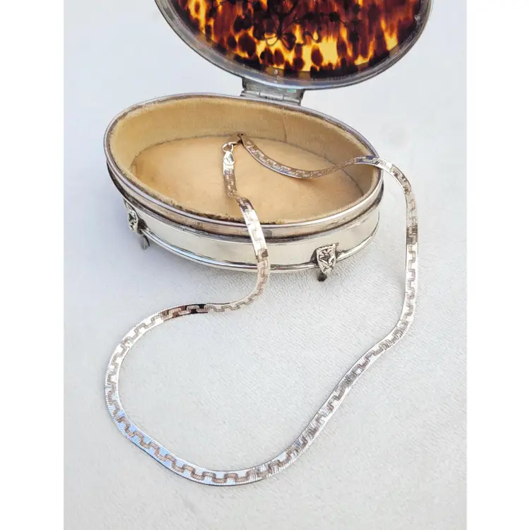 Vintage Sterling Silver Flat Herringbone Reversible Etched Chain Necklace 18"