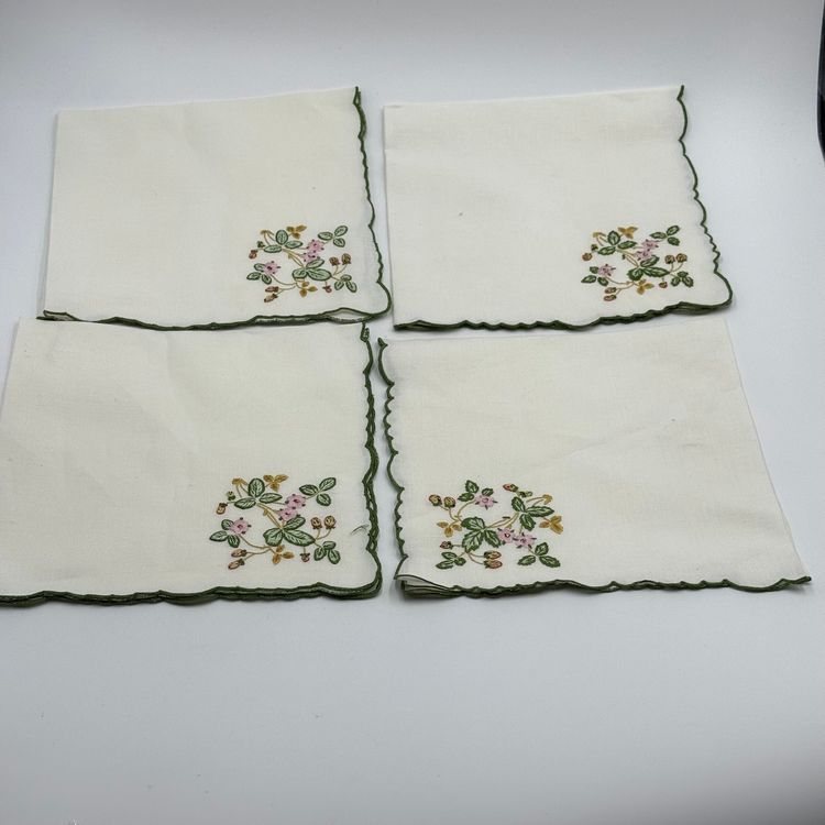 Vintage Colorful Floral Embroidered White Napkins 4 Square And 2 Rectangular