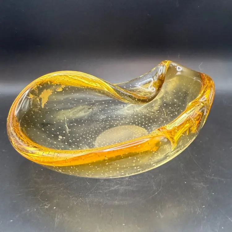 Vintage Murano Amber And Gold Bullicante Art Glass Ashtray - See Note