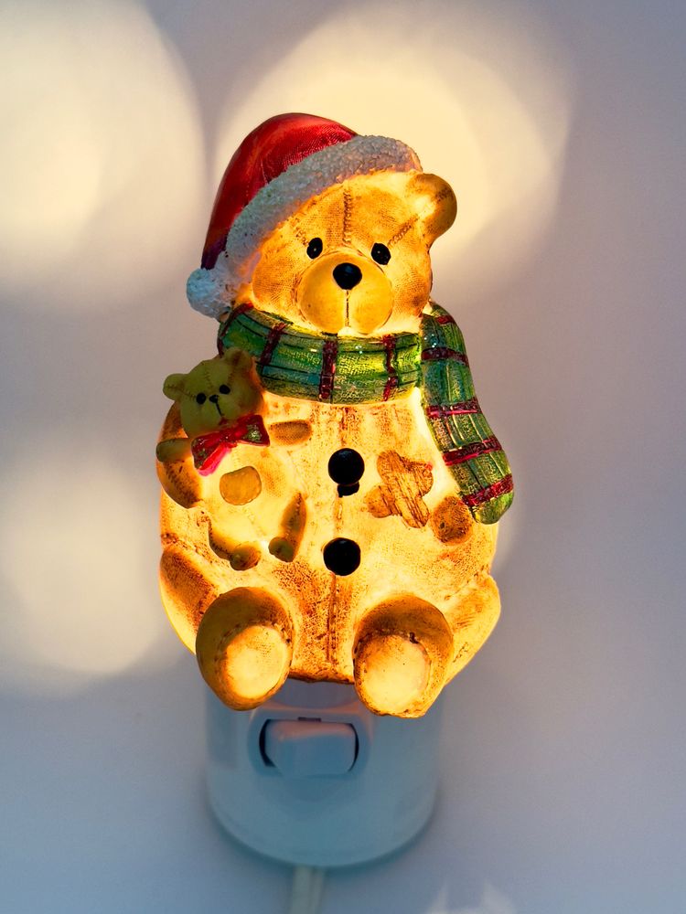 Vintage Plastic Christmas Teddy Bear Santa Claus Night Light, Festive Holiday Decor, Unbranded