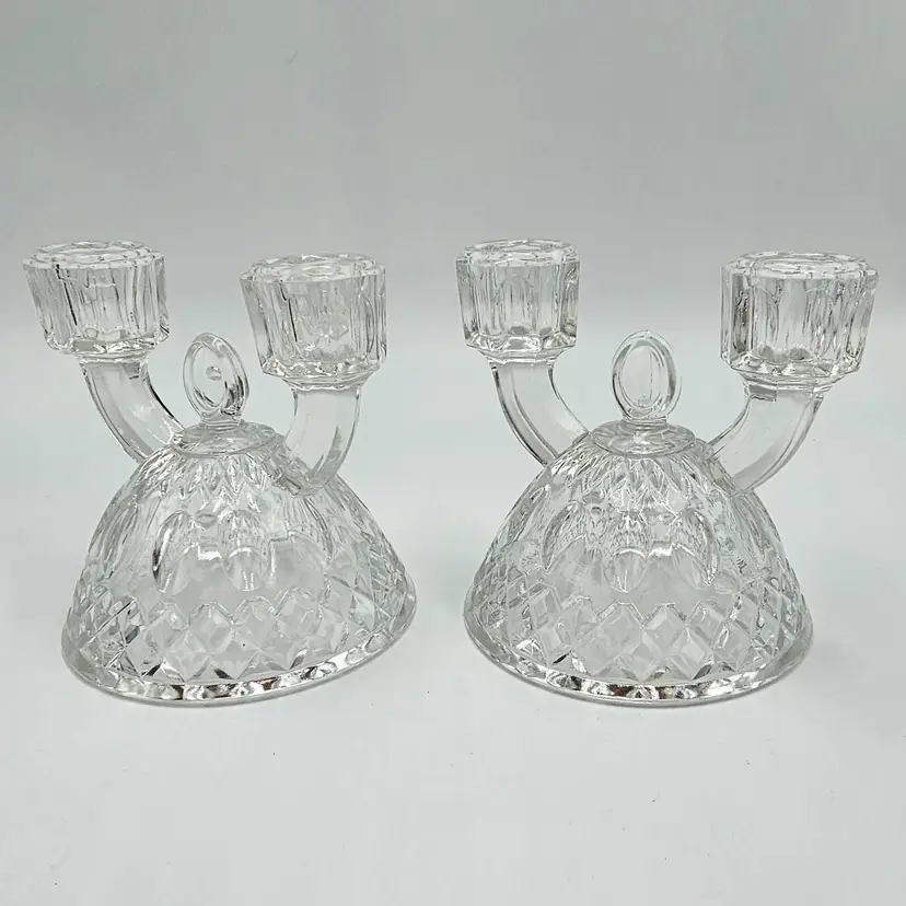 Imperial Depression Glass Tradition Clear Double Light Candlestick Candelabra Set of 2