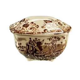 Johnson Bros Stagecoach Lidded Trinket Box Brown Transferware Porcelain England