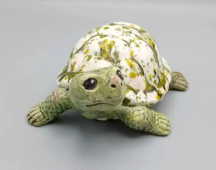 #107 - Drip Glazed Ceramic Turtle Figure, Green, Yellow & White