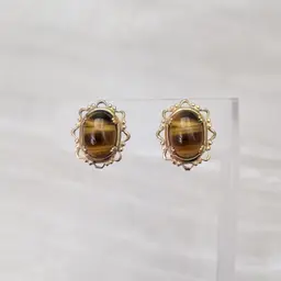 Vintage Clip On Earrings Tigers Eye with Ornate Halo Brown & Gold Tone Earrings