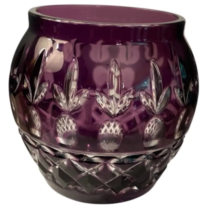 VTG Purple Amethyst Bohemian Glass Cut To Clear Small Vase/Bowl Tealight Holder