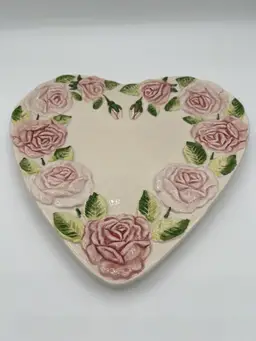 Portuguese Ceramic Heart Shaped Tray with Hand Painted Majolica Embossed Pink Roses