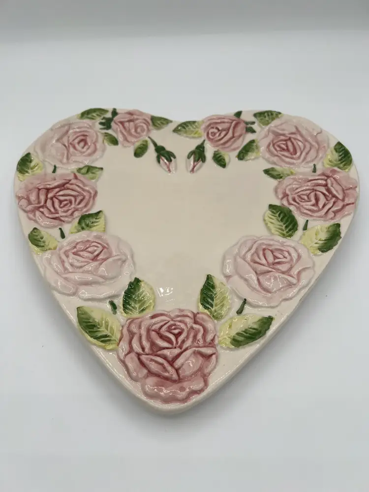 Portuguese Ceramic Heart Shaped Tray with Hand Painted Majolica Embossed Pink Roses