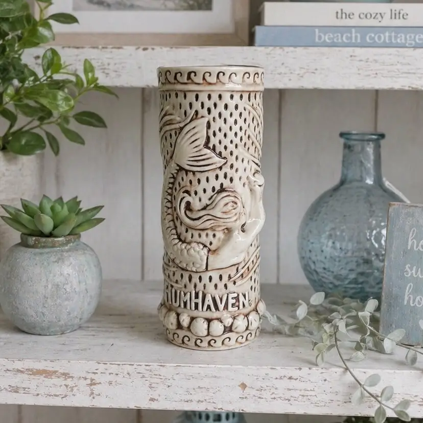 Tiki Rob Rum Haven Tiki Mug Mermaid Siren White Glazed Raised Relief Ocean